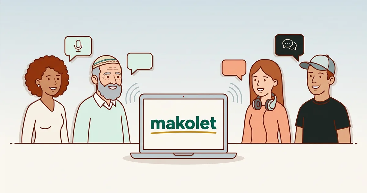 Cartoon: four different people talk towards one laptop, which shows the word makolet spelled correctly.