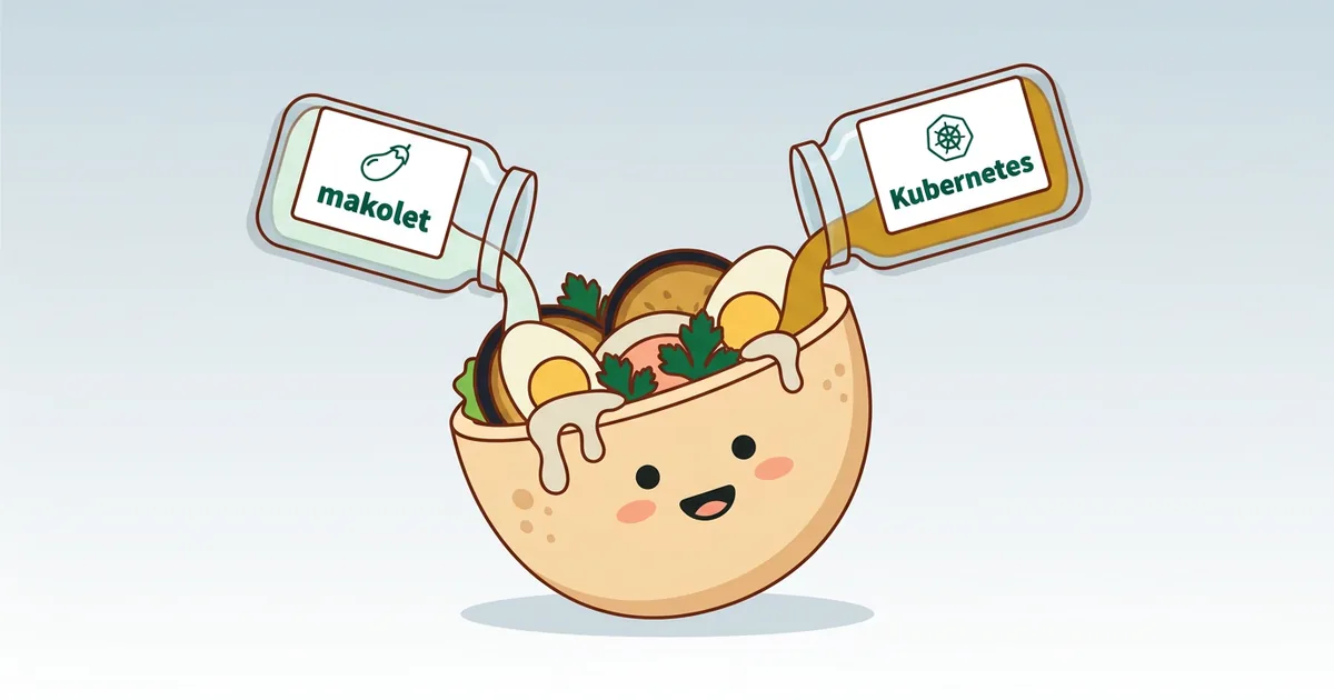 Cartoon: a smiling sabich pita being filled from two jars, one labelled makolet and one labelled Kubernetes.