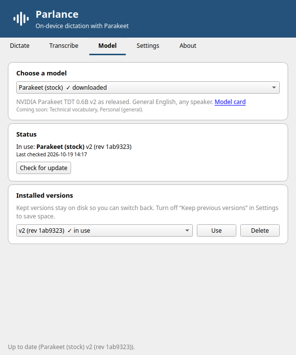 Parlance on Linux: the Model tab, choosing between stock Parakeet and the English-Hebrew code-switching model