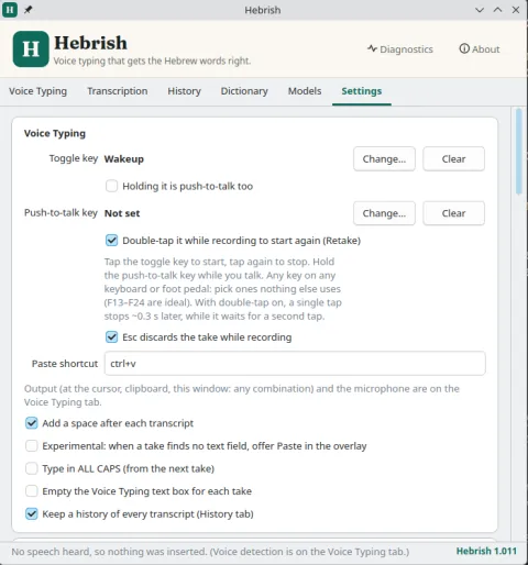 Hebrish 1.011 on Ubuntu, Settings, Voice Typing: the toggle key set to Wakeup, the push-to-talk key, double-tap to retake, Esc to discard, the paste shortcut, and output options.