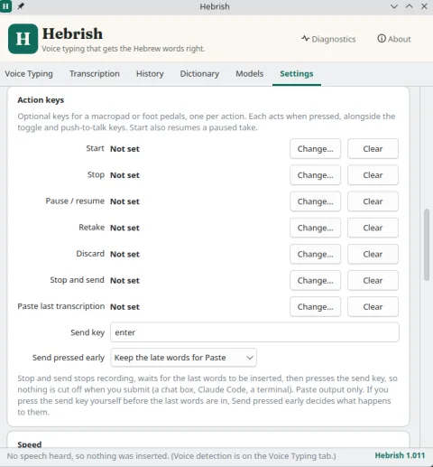 Hebrish 1.011 on Ubuntu, Settings, Action keys: optional keys for Start, Stop, Pause / resume, Retake, Discard, Stop and send, and Paste last transcription, plus the send key.