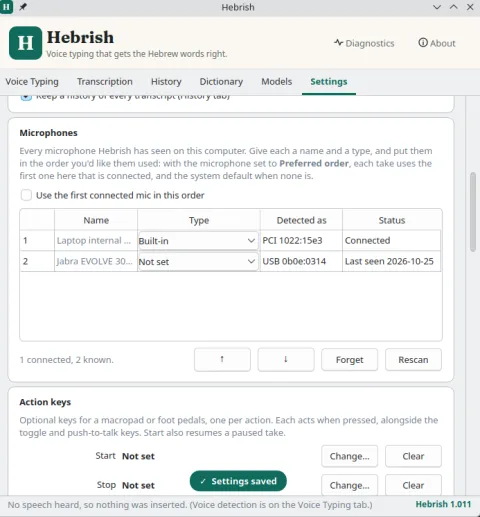 Hebrish 1.011 on Ubuntu, Settings, Microphones: every microphone the app has seen, with a name, type, how it was detected and whether it is connected, in a preferred order.
