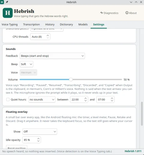 Hebrish 1.011 on Ubuntu, Settings, Sounds and Floating overlay: beeps or a voice for start and stop, volume, quiet hours, and the overlay’s show and opacity options.