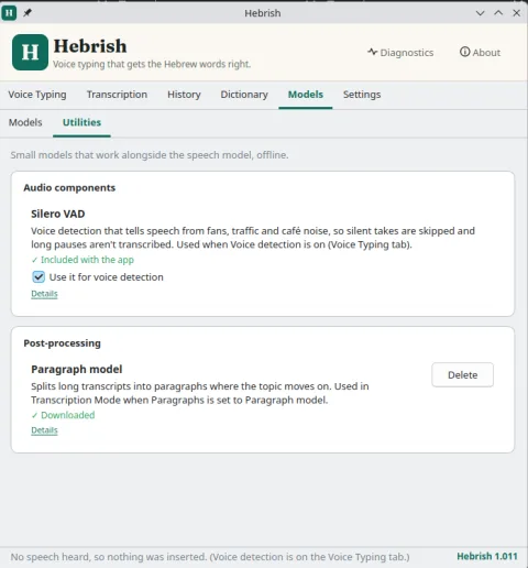 Hebrish 1.011 on Ubuntu, Models tab, Utilities: Silero VAD for voice detection, included with the app, and the Paragraph model for splitting long transcripts, downloaded.